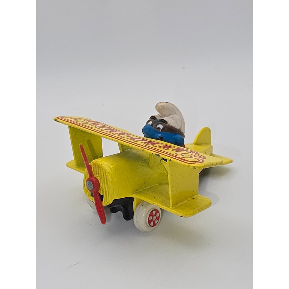 ERTL Aero-Smurf Bi-Plane Toy Small Yellow Fair 1982 Die-Cast Vehicle